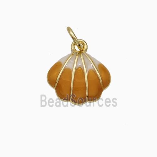 Copper Scallop Shell Pendant Brown Enamel Gold Plated