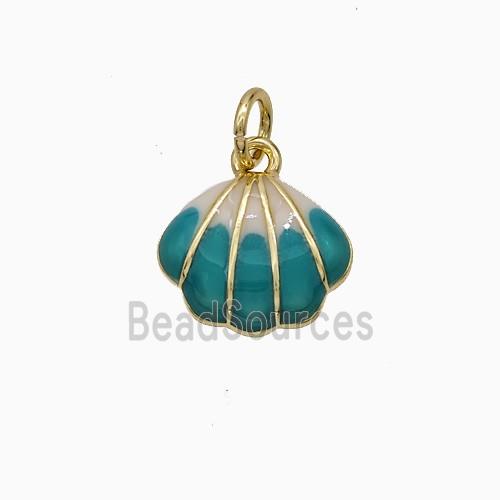 Copper Scallop Shell Pendant Teal Enamel Gold Plated