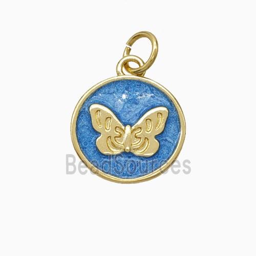 Copper Butterfly Pendant Blue Painted Circle Gold Plated