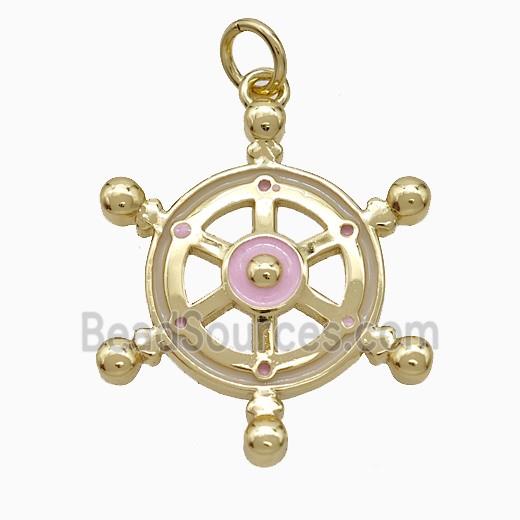 Ship Wheel Charms Copper Pendant Pink Enamel Gold Plated
