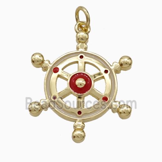 Ship Wheel Charms Copper Pendant Red Enamel Gold Plated