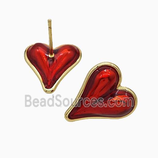 Copper Heart Stud Earrings Red Painted Gold Plated
