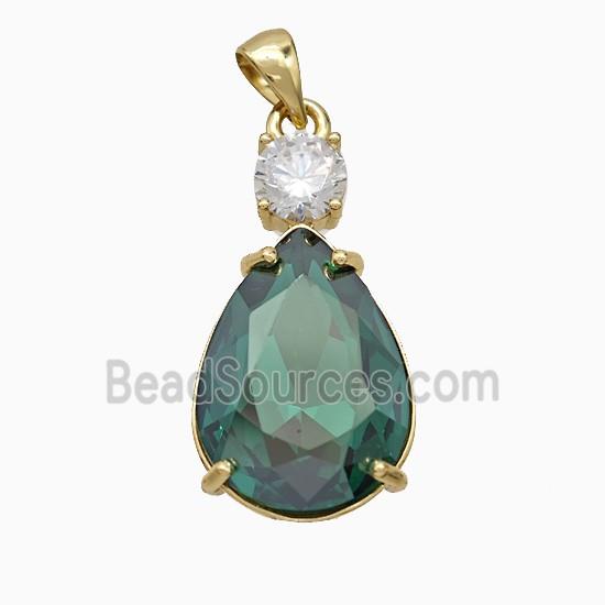 Green Crystal Glass Teardrop Pendant Copper Gold Plated