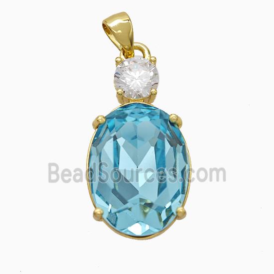 Aqua Crystal Glass Oval Pendant Copper Gold Plated