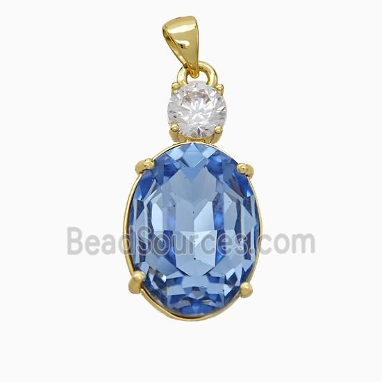 Skyblue Crystal Glass Oval Pendant Copper Gold Plated