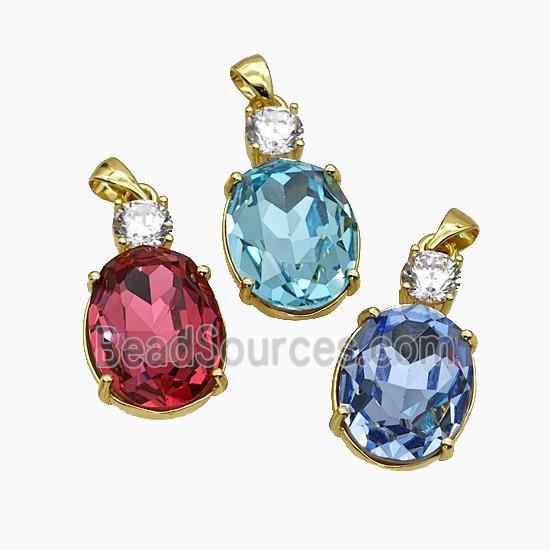 Crystal Glass Oval Pendant Copper Gold Plated Mixed