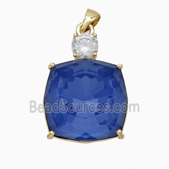 Blue Crystal Glass Square Pendant Copper Gold Plated