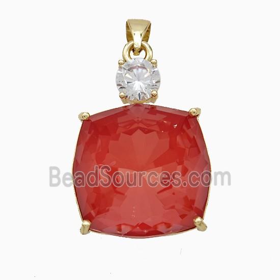 Red Crystal Glass Square Pendant Copper Gold Plated