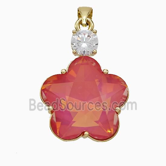Red Crystal Glass Flower Pendant Copper Gold Plated