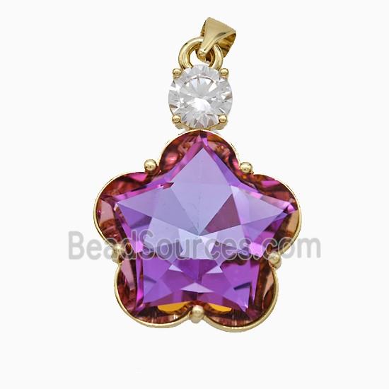 Fuchsia Crystal Glass Flower Pendant Copper Gold Plated