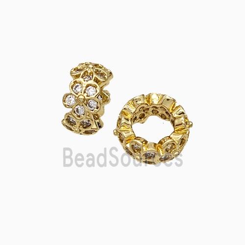 Copper Rondelle Beads Pave Zirconia Flower Gold Plated