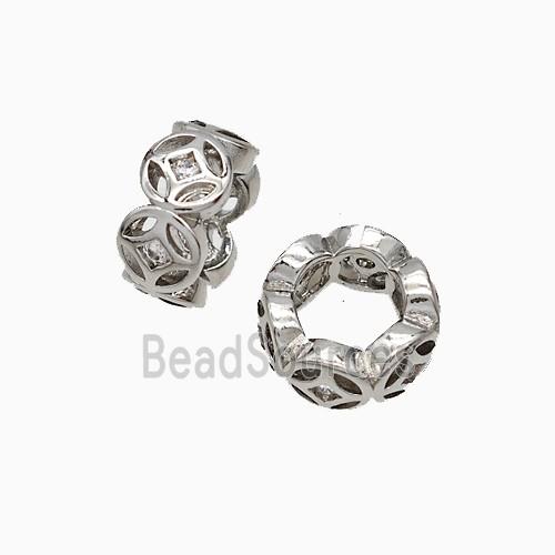 Copper Rondelle Beads Pave Zirconia Large Hole Platinum Plated