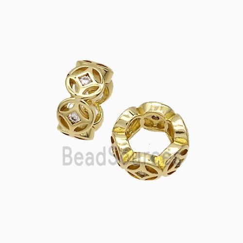 Copper Rondelle Beads Pave Zirconia Large Hole Gold Plated
