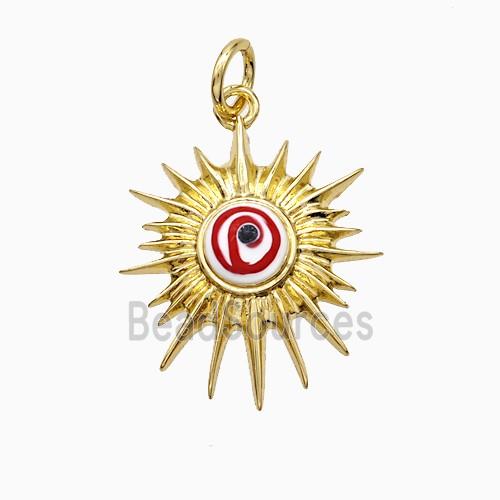 Copper Sun Pendant Red Painted Eye Gold Plated