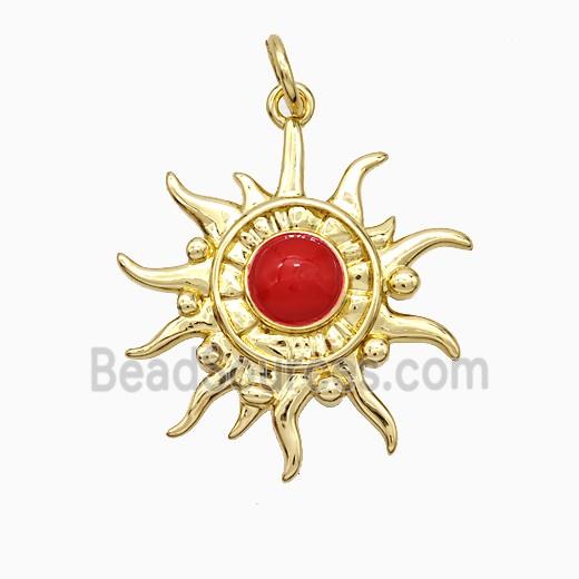 Copper Sun Pendant Red Enamel Gold Plated
