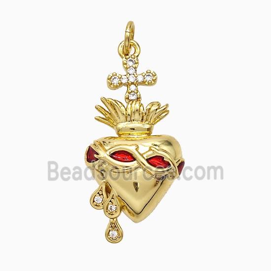 Copper Heart Cross Pendant Pave Zirconia Red Painted Gold Plated