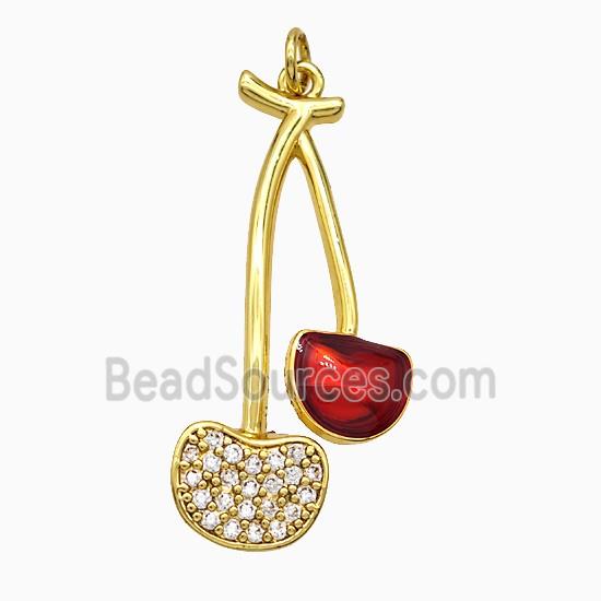 Copper Cherry Pendant Pave Zirconia Red Painted Gold Plated