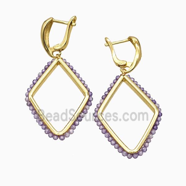 Copper Latchback Earrings Rhombus Crystal Glass Wire Wrapped Gold Plated