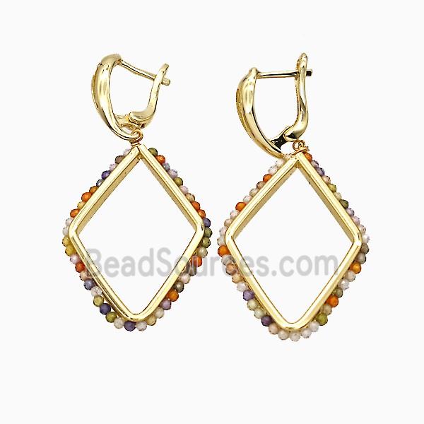 Copper Latchback Earrings Rhombus Crystal Glass Wire Wrapped Gold Plated