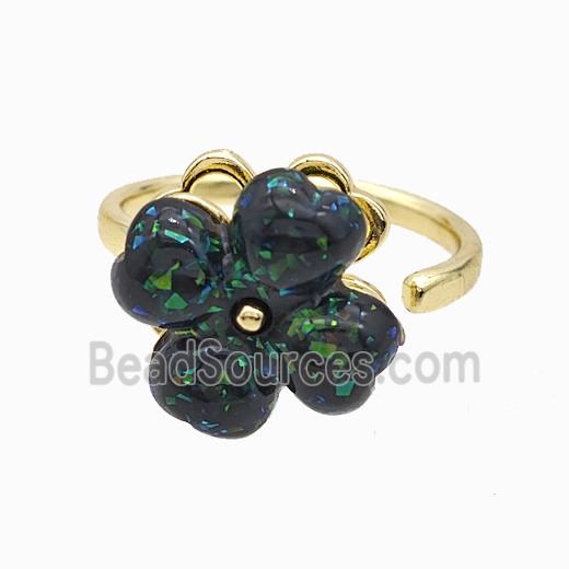 Copper Clover Rings Pave Black Fire Opal Rotatable Gold Plated