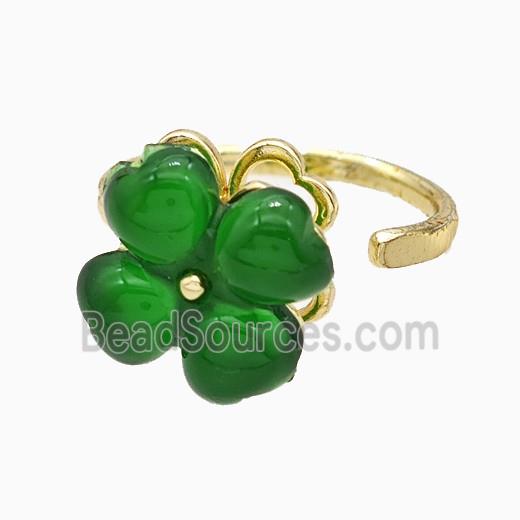 Copper Clover Rings Pave Green Acrylic Rotatable Gold Plated