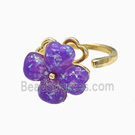 Copper Clover Rings Pave Puprle Fire Opal Rotatable Gold Plated
