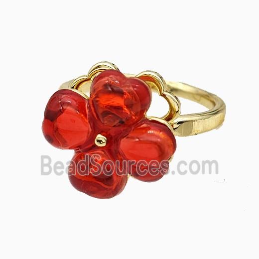 Copper Clover Rings Pave Red Acrylic Rotatable Gold Plated