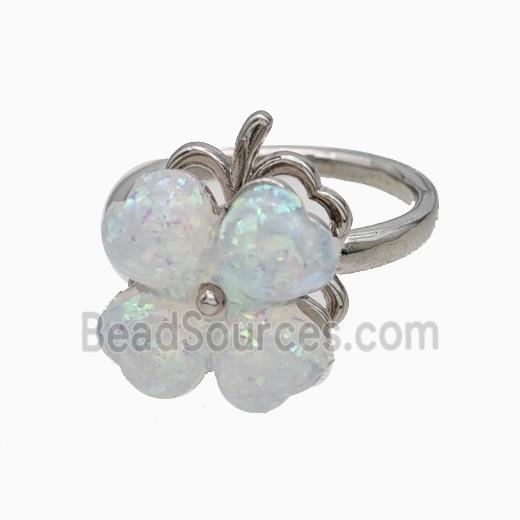 Copper Clover Rings Pave Aqua White Opal Rotatable Platinum Plated