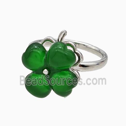 Copper Clover Rings Pave Green Resin Rotatable Platinum Plated