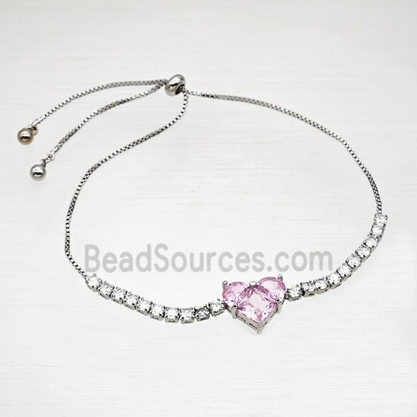 Copper Bracelet Pave Crystal Glass Heart Adjustable Platinum Plated