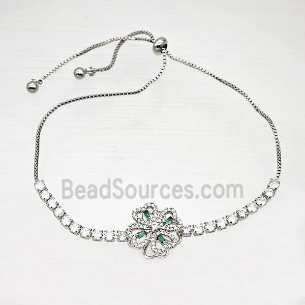 Copper Bracelet Pave Crystal Glass Clover Platinum Plated