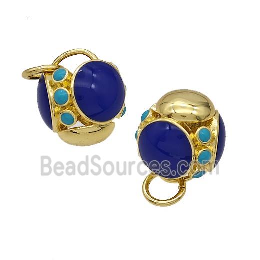 Copper Round Beads Blue Enamel Hollow Gold Plated