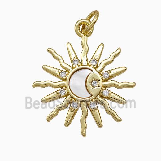 Copper Sun Moon Pendant Pave Zirconia Shell Gold Plated