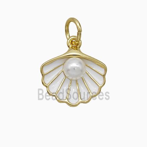 Scallop Shell Charms Copper Pendant Pave Resin White Enamel Gold Plated