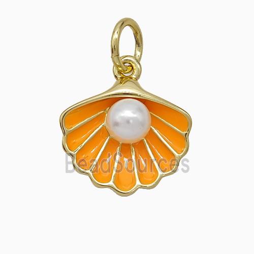 Scallop Shell Charms Copper Pendant Pave Resin Orange Enamel Gold Plated