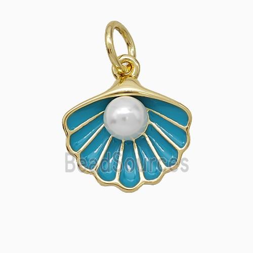 Scallop Shell Charms Copper Pendant Pave Resin Teal Enamel Gold Plated