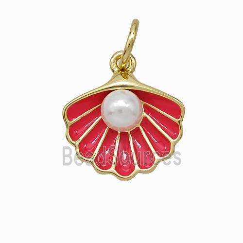 Scallop Shell Charms Copper Pendant Pave Resin Red Enamel Gold Plated