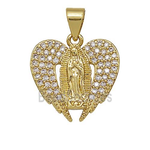 Copper Jesus Heart Pendant Pave Zirconia Angel Wings Gold Plated