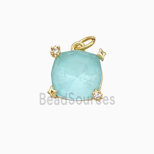 Teal Crystal Glass Square Pendant Copper Gold Plated