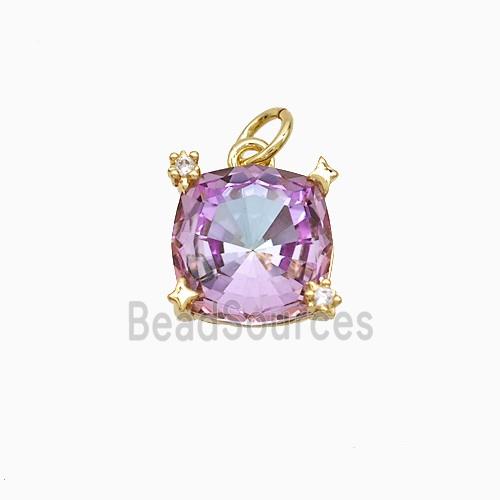 Fuchsia Crystal Glass Square Pendant Copper Gold Plated