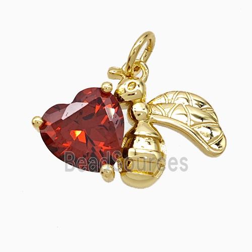 Copper Bumblebee Pendant Pave Red Crystal Glass Heart Gold Plated