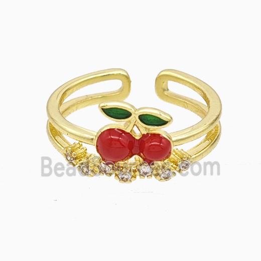 Copper Cherry Rings Pave Zirconia Red Enamel Gold Plated