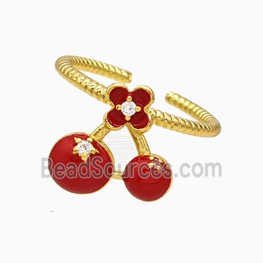 Copper Cherry Rings Pave Zirconia Red Enamel Gold Plated