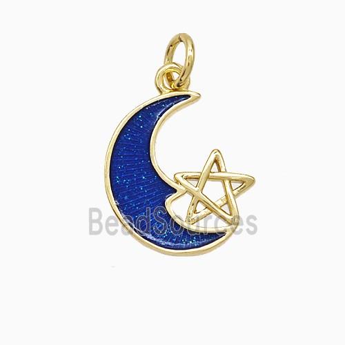 Copper Moon Pendant Blue Painted Star Gold Plated