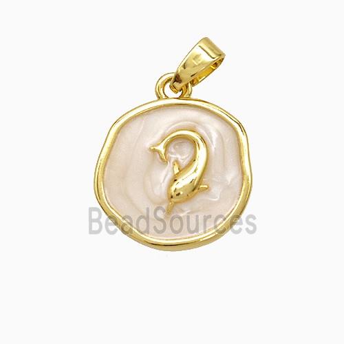 Copper Dolphin Pendant White Painted Circle Gold Plated