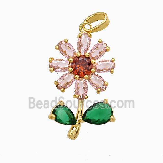 Copper Flower Pendant Pave Crystal Glass Gold Plated