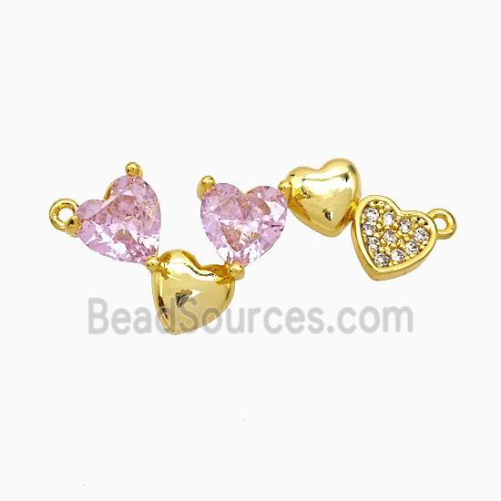 Copper Heart Link Pendant Pave Zirconia Pink Crystal Glass 2loops Gold Plated