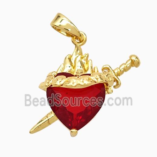 Copper Heart Sword Pendant Pave Red Crystal Glass Gold Plated