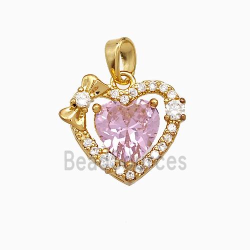 Copper Heart Pendant Pave Zirconia Pink Crystal Glass Gold Plated