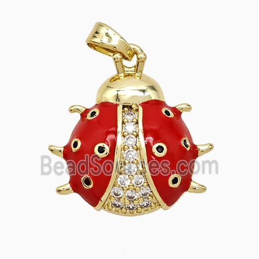 Copper Ladybug Pendant Pave Zirconia Red Enamel Gold Plated